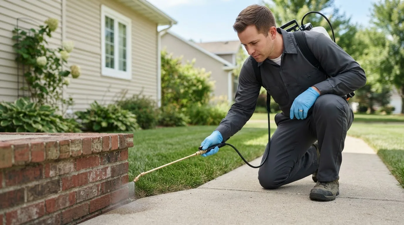 Pest control technician treating a home near Mattawan, MI